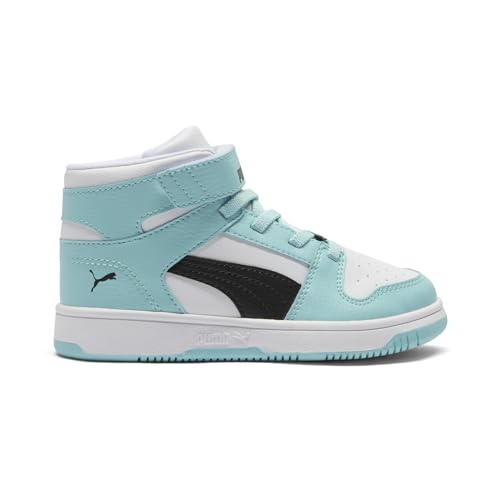 PUMA Unisex-Child Rebound Layup Mid Hook and Loop, PUMA White-PUMA Black-Safe Lake, Little Kid 12