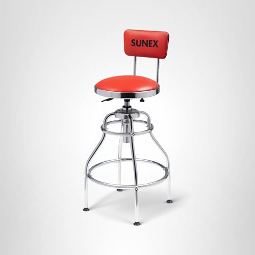 SUNEX TOOLS 8516 Hydraulic Shop Stool, High-Polished Chrome Finish, Hydraulic Seat Adjustment, Vinyl Padded Adjustable Seat and Backrest, Slip Resistant Feet, 250-Pound Capacity, Silver