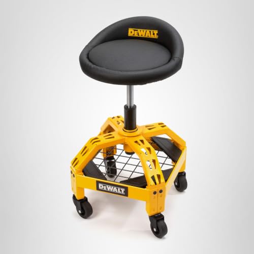 DEWALT Heavy Duty Adjustable Rolling Shop Stool, 360-degree Swivel Industrial Garage Stool with Padded Seat, Storage Shelf, Removable Wheels