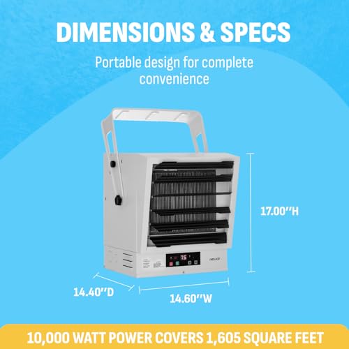 Newair Hardwired Electric Garage Heater 240V | 10000W Ceiling or Wall Mounted Shop Heater | Heavy Duty Fan-Forced Electric Shop Heaters for Garage | for Large Space (1605 Sq Ft) with Remote Control