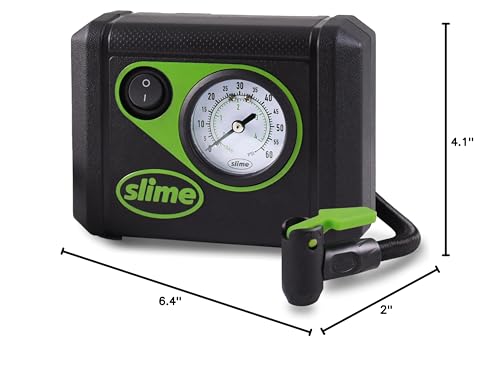 Slime 40059 Tire Inflator, Junior, Compact, Powerful, Portable Car Air Compressor, Lightweight, Analog, Flat Tire Repair, 12V, 12 min Inflation