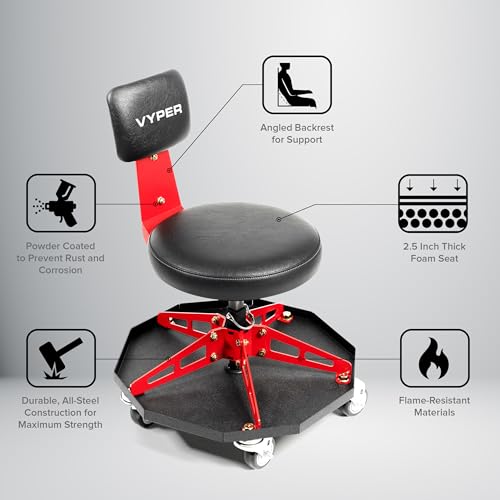 Vyper Robust Steel Sport Shop Chair for Mechanics, Black Seat, Red Frame