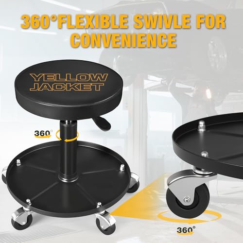 YELLOW JACKET Pneumatic Rolling Mechanic Stool with Wheels 250lb Capacity Adjustable Height Garage Shop Seat with Tool Tray for Auto Repair Workshop