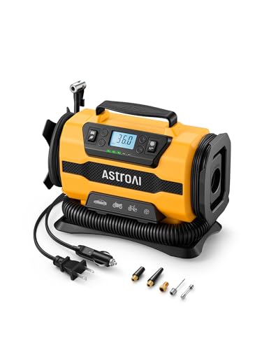 AstroAI Tire Inflator Portable Air Compressor, 150PSI 12V DC/110V AC Air Pump with Dual Metal Motors & LED Light, Two Modes for Car Tires, Bikes, Air Mattresses & Home Use, Compact Design, Yellow