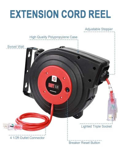 EP Retractable Extension Cord Reel, 50 Ft Heavy Duty Power Cord, 14 AWG/3C SJTOW, 13 AMP Circuit Breaker, Lighted Triple Tap, Ceiling or Wall Mount