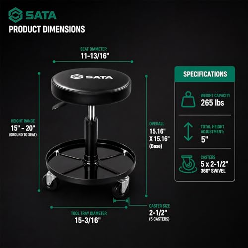 SATA Adjustable Rolling Shop Stool with Wheels, Heavy Duty 300 lbs Capacity Mechanics Chair, Rolling Garage Stool for Seated Work, 385mm Seat, 390mm Height