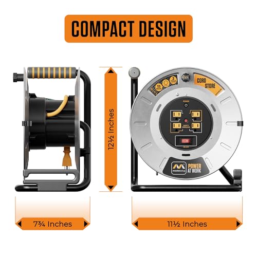 Masterplug 1ft Cord Reel, Metal Cable Drum, Retractable Extension Lead with Winding Handle, Safety Overload Circuit Breaker and Power Switch, 4x Grounded Outlets, 15amps, 12AWG Cable