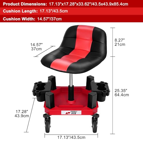 FreekyFit Rolling Shop Stool with Wheels, Adjustable Garage Mechanic Stool Seat Shop Roller Work Chair Mobile Rolling Seat with Tool Tray, 2 Cup Holders, 4" Casters, 350 LBS, Heavy-Duty, Red