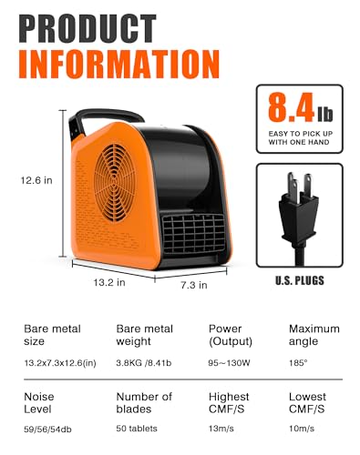 Blower Fan for Drying Cooling and Ventilating, Air Mover for Home Garage Workshop and Job Site Use, Air Mover Blower Fan with 185° Rotation, 3 Speeds, 2 AC Outlets, Orange