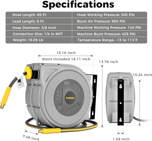 GLAHODEN Enclosed Retractable Air Hose Reel, 3/8 in x 65 Ft Hybrid Hose Air Compressor Hose Reel with 6 Ft Lead in Max 300 PSI Patented Design for Any Length Lock 180°Swivel Bracket Quick Coupler