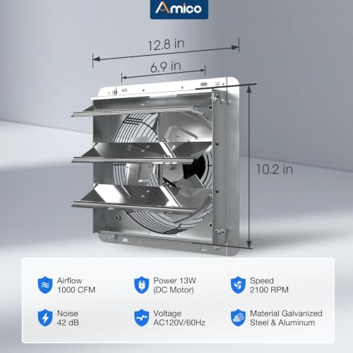 Amico 10" Shutter Exhaust Fan, Remote 9-Speed 13W DC Motor, 1000 CFM