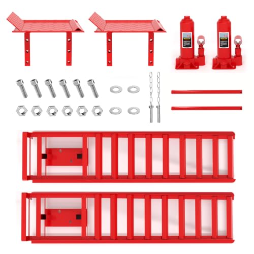LOCKIETTA 2 PCS Hydraulic Car Ramps 11065LBS 5T Heavy Duty Car Ramp with Hydraulic Jack, Red