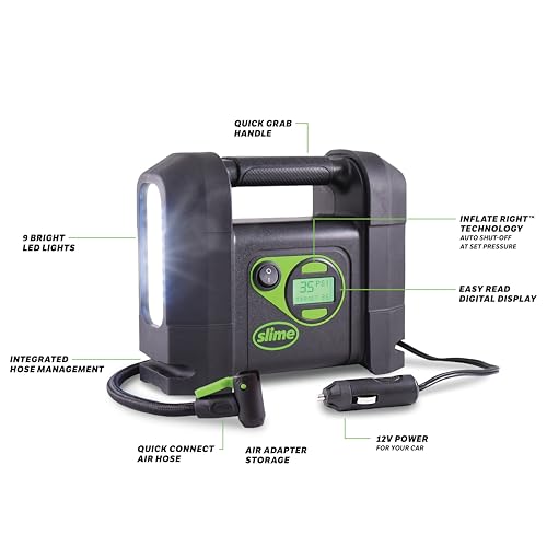 Slime 40047 Tire Inflator, Portable Car Air Compressor, Rugged, Inflate Right automatic shut off, with Digital 99 psi Display, Long Hose and LED Light, 12V, 4 min inflation