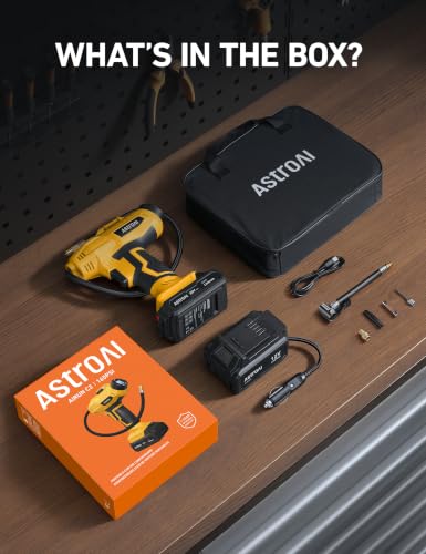 AstroAI Cordless Tire Inflator Portable Air Compressor Fast Inflation 160 PSI Air Pump 20V Rechargeable Battery Powered with 12V DC Adapter Digital Pressure Gauge for Cars Motorcycles Bikes Yellow