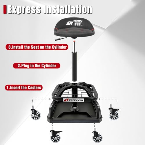 FreekyFit Rolling Shop Stool with Wheels, Garage Work Mechanic Stool with Backrest, Roller Mechanic Chair, Adjustable Height, 360° Swivel, Tool Tray Storage, 330 LBS Capacity, Heavy Duty, Black