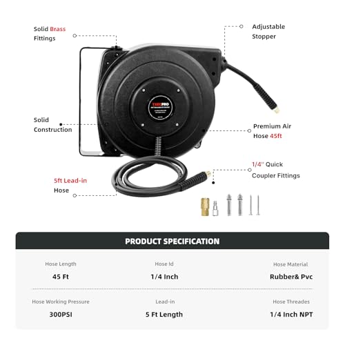 Txecpro Retractable Air Hose Reel, 1/4 IN x 45 FT Hybrid Air Hose Max 300 PSI, Air compressor hose reel with 5 ft Lead in, Ceiling/Wall Mounted air hose reel,Heavy Duty air tool