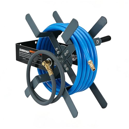 Manual Air Hose Reel with Hybrid Lead-in Hose, Heavy Duty Steel Wall Mount Hose Reel, Fits 100ft x 3/8" Hose, Hand Crank Hose Reel with 1/4" NPT 6-Ball Coupler, Brass Plug & Thread Seal Tape