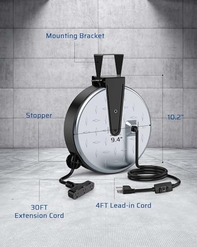 DEWENWILS Retractable Extension Cord Reel, Metal Reel with 30FT Power Cord