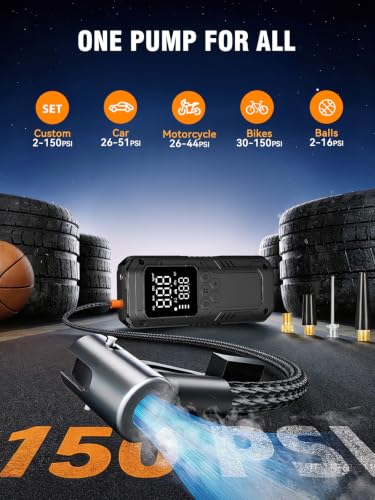 AIRSURE Tire Inflator Portable Air Compressor, 150 PSI Dual Power