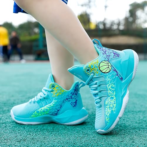 Kids Basketball Shoes High-top Sports Shoes Boys Sneakers Durable Lace-up Non-Slip Running Shoes Secure for Little Kids Big Kids Sky Blue