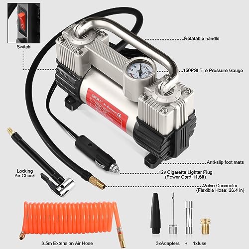 GSPSCN 12V Heavy Duty Tire Inflator Metal Portable Air Compressor Pump