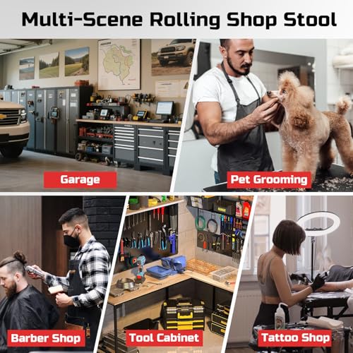 Rolling Shop Stool with Wheels, Garage Mechanic Stool Chair with Backrest, Height Adjustable Heavy Duty Swivel Task Chair, Adjustable Footrest with Storage Tray for Garage Kitchen Salon Tattoo (Red)