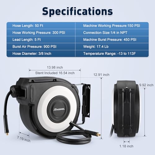 HOZEREEL Enclosed Retractable Air Hose Reel, 3/8 Inch x 45+5 Ft Black
