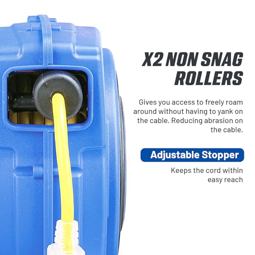 Goodyear Extension Cord Reel Retractable 16AWG x 50' Foot 3C/SJTOW Commercial Cable LED Triple Tap Connector Power 10A 125VAC 938W