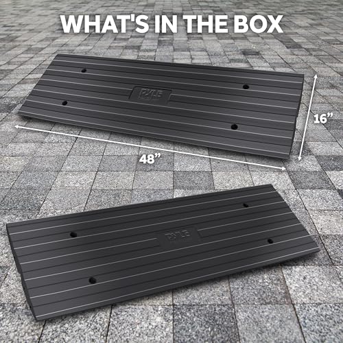 Pyle Car Vehicle Curbside Driveway Ramp - 4ft Heavy Duty Rubber Threshold Bridge Tracks Curb Ramps, 2 Pieces Set (for Car, Truck, Scooter, Bike, Motorcycle, Wheelchair Mobility), Black