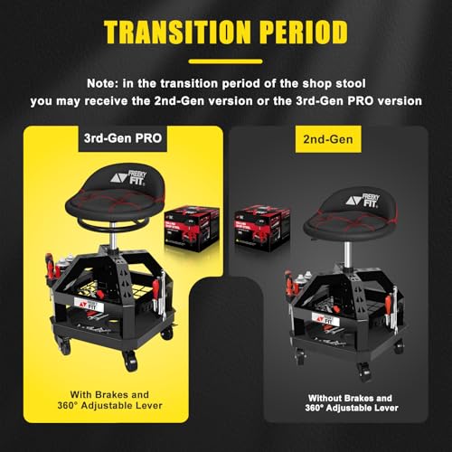 FreekyFit Rolling Shop Stool for Garage with Casters, DO02-Adjustable Height 360° Swivel Shop Seat with Tool Tray Storage, 330 LBS Capacity Padded Mechanic Stool, Magnetic Tool Hold, Heavy Duty, Black