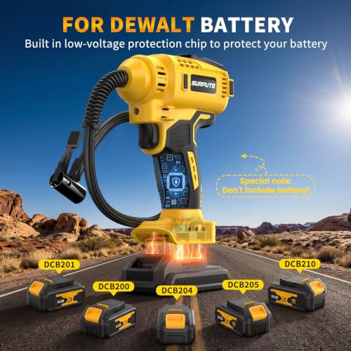 SURPUTS Tire Inflator Air Compressor Compatible with Dewalt 20V Battery, 150PSI Cordless Portable Air Pump with Digital & Auto Shut-Off, LED Light for Car Motorcycles Bike Ball (Tool Only) (Yellow)