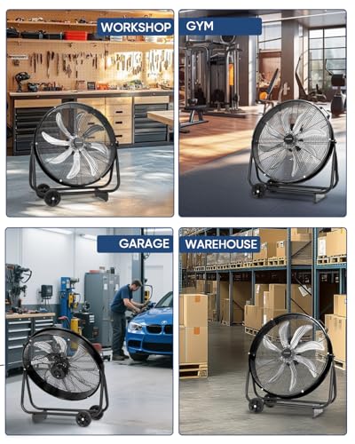 KEN BROWN 24 Inch Industrial Shop Fan, TurboSweep 8 Blades High Velocity Drum Fan, 9500 CFM, Heavy Duty 3 Speeds, 360° Adjustable Tilt for Industrial Commercial Gym Garage
