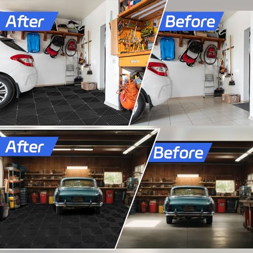 Barydat 72 Pcs 12'' x 12'' Garage Floor Tiles, Interlocking Drainage Flooring, Heavy Duty Non Slip Polypropylene, Easy Install for Garage Deck, Pool, Patio, Shower (Black)