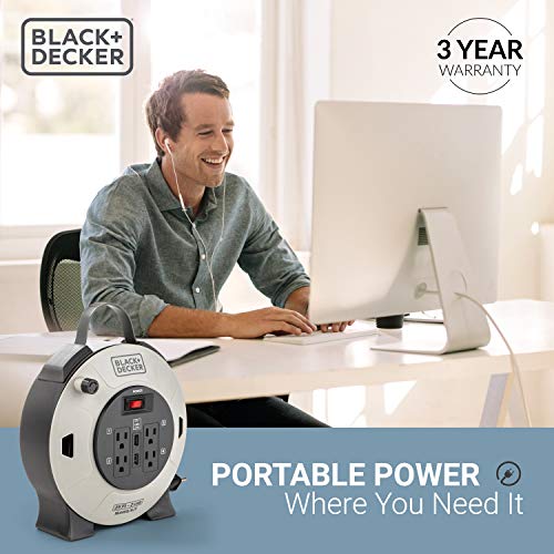 BLACK+DECKER 25 Ft. Retractable Extension Cord Reel with 4 Outlets, 2 USB Ports, Multi-Plug Extension, On/Off Switch & Heavy-Duty 16AWG SJT Cable