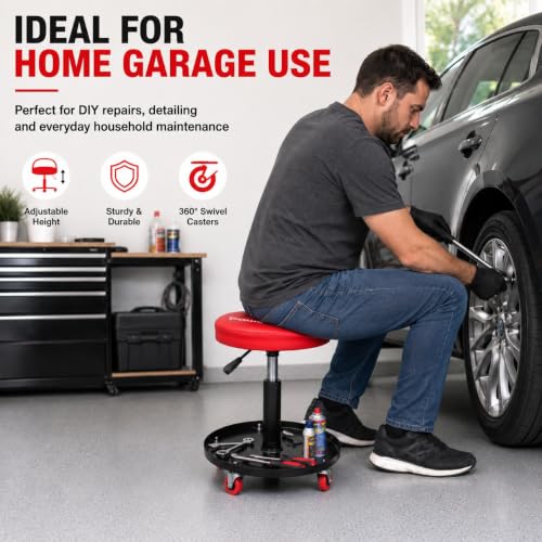 PowerSmart 330LBS Pneumatic Roller Seat with Wheels, 18"-23" Adjustable Rolling Mechanic Stool with Tool Tray, Swivel Creeper Seat, Hydraulic Garage Shop Stool for Auto Repair, Detailing & Workshop