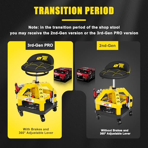 FreekyFit Rolling Shop Stool for Garage with Casters, DO02-Adjustable Height 360° Swivel Shop Seat with Tool Tray Storage, 330 LBS Capacity Padded Mechanic Stool, Magnetic Tool Hold, Heavy Duty,Yellow