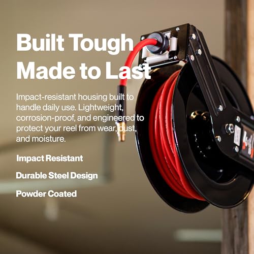 ReelWorks Air Hose Reel 3/8" Inch x 50' Foot SBR Rubber Hose Max 300PSI Commercial Steel Construction