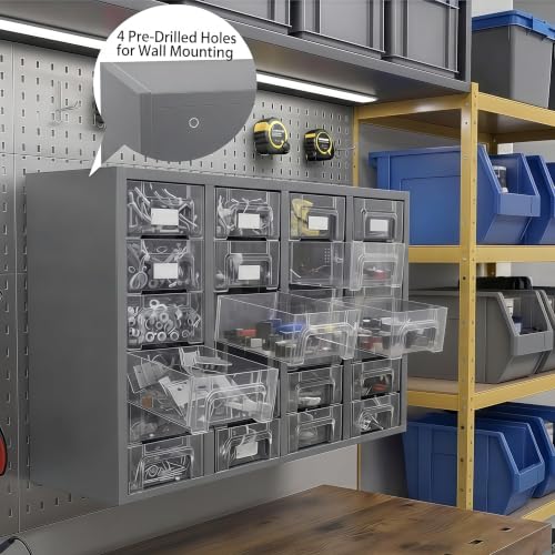 Nut and Bolt Organizer with 24 Clear Drawers, Heavy Duty Metal Hardware Organizer Cabinet, 48 Adjustable Dividers for Screws, Fasteners, Washers & Small Parts, Stackable Wall Mount Storage Cabinet