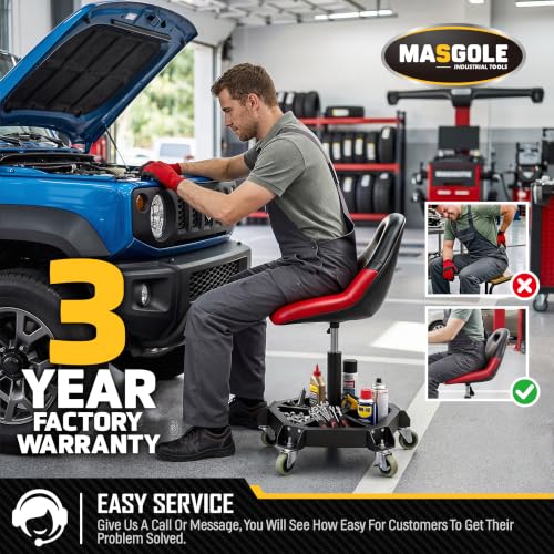 Masgole Rolling Shop Stool with Wheels, 330LBS Capacity Garage Mechanic Stool Seat with Backrest and Tool Tray Storage for Workshop, Pneumatic Adjustable Height Heavy Duty Garage Chair for Work, Red