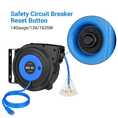 DEWENWILS 50FT Retractable Electric Cord Reel, 13A Circuit Breaker, Blue