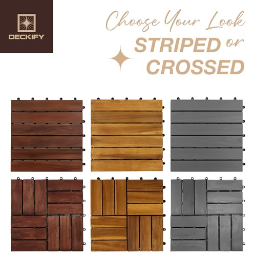 DECKIFY 9-Piece Acacia Wood Interlocking Deck Tiles, Golden Teak Crossed