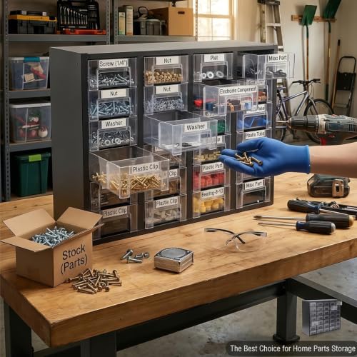 Nut and Bolt Organizer with 24 Clear Drawers, Heavy Duty Metal Hardware Organizer Cabinet, 48 Adjustable Dividers for Screws, Fasteners, Washers & Small Parts, Stackable Wall Mount Storage Cabinet