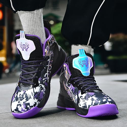 BEMYGREENBAG Mens High Top Basketball Shoes Arch Support Sneakers Comfortable Actual Combat Shoes High Elasticity Sports Shoes Black-Purple Size 10