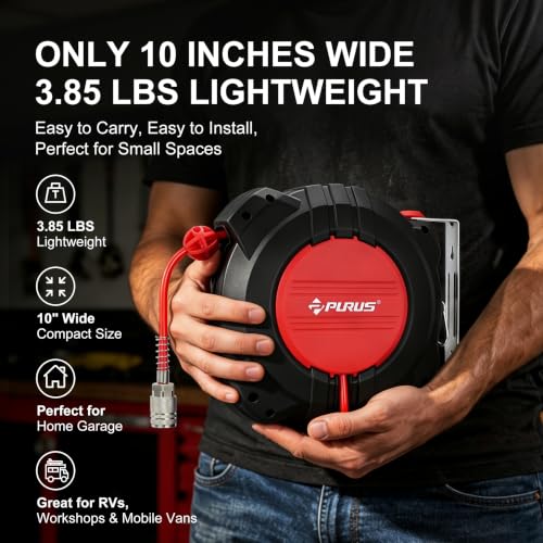 PURUS Retractable Air Hose Reel, 1/4" x 32ft, 180° Swivel Wall/Ceiling Mount, Auto Rewind, Hybrid Hose Max 145 PSI Pressure Air Compressor Hose Reel Quick Coupler for Workshop & Garage