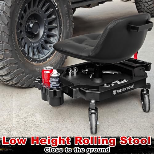 FREEKYROCK Rolling Stool with Wheels, Adjustable Height Pneumatic Garage Work Mechanic Stool Seat with Backrest, 400 LBS Capacity 360° Swivel Mechanic Crepper Chair with Tool Tray Storage, Black