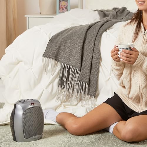 Amazon Basics Ceramic Space Heater, Portable Indoor Heating Solution, With Overheat and Tip-Over Protection, Thermostat, Non-Oscillating, 1500W, Fast Heating, 7.52"D x 6.34"W x 9.45"H, Silver