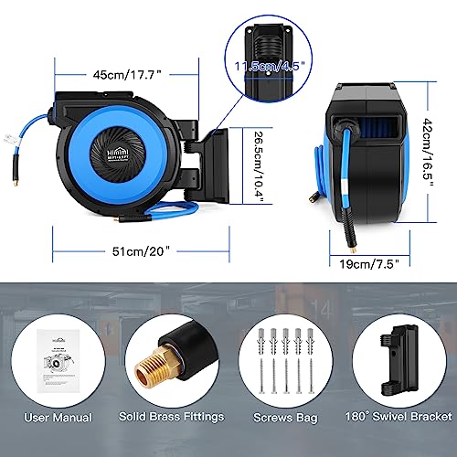 80FT + 6.5FT Retractable Air Hose Reel, Wall Mount Pneumatic Hose Reel for Garage Workshop, Automatic Rewind, 3/8" x 80' Hybrid Air Hose with Brass Fittings + Bend Restrictors, 300PSI