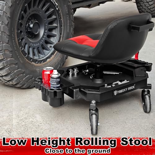 FREEKYROCK Rolling Stool with Wheels, Adjustable Height Pneumatic Garage Work Mechanic Stool Seat with Backrest, 400 LBS Capacity 360° Swivel Mechanic Crepper Chair with Tool Tray Storage, Red