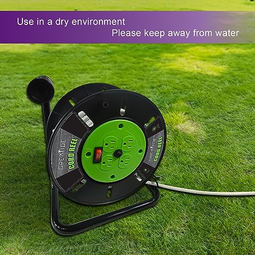 GREATIDE Heavy Duty Extension Cord Storage Reel with 4Grounded Outlets, 10A Circuit Breaker, Retractable Hand Wind, Portable Empty Hand Crank Open Cord Reel for 12/3 14/3 16/3 Gauge Power Cord, Green