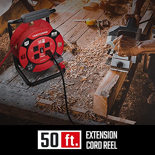 CRAFTSMAN Retractable Extension Cord Reel 50 Ft. with 4 Outlets & Heavy Duty 14AWG SJTW Cable